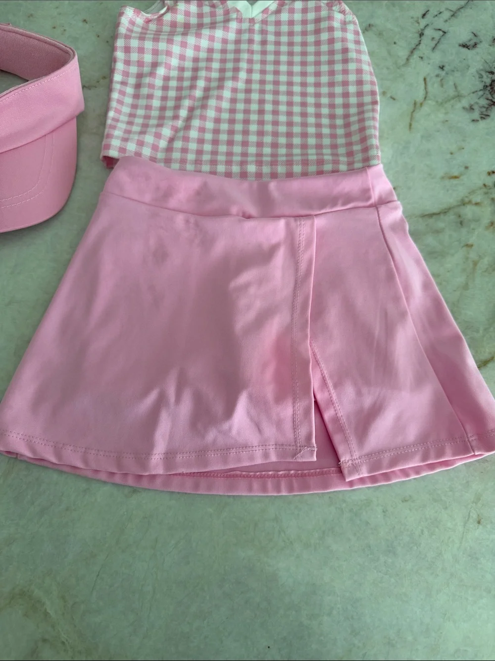 Pink Gingham Sleeveless Polo Top & Pink Skort Set